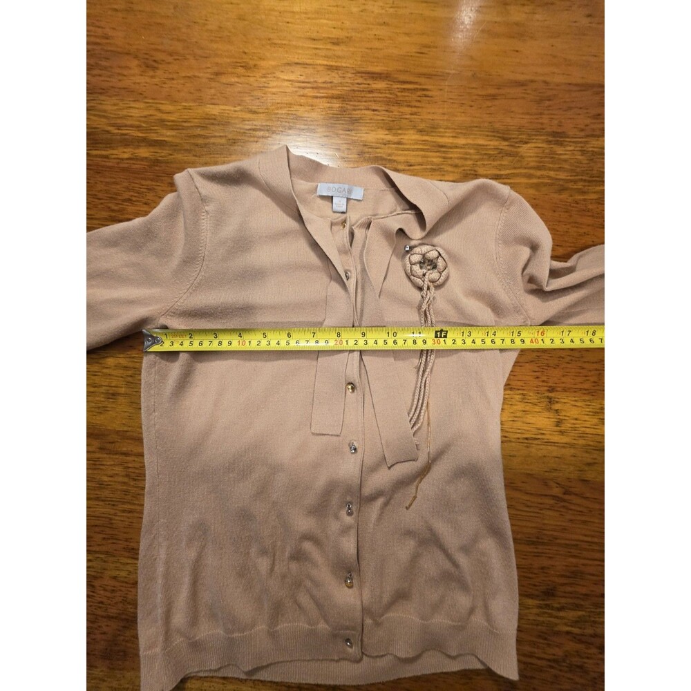 Bogari Silk Blend Cardigan Sweater Small Tan Rosette Tie Neck Button Front - Picture 4 of 10